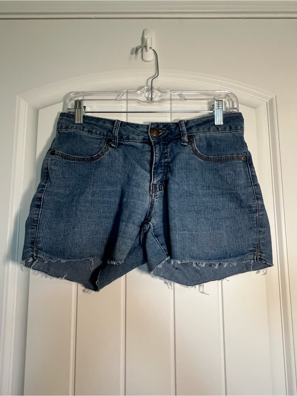 Faded Glory Medium Blue Denim Frayed Hem Shorts